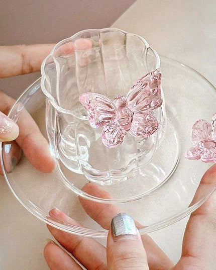 Charming Floral Butterfly Glass Teacup Set - Perfect for Elegant Tea Events