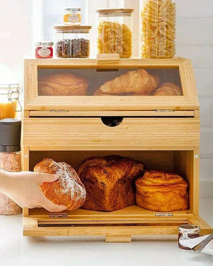 Elegant 3-Tier Bamboo Bread Storage Box with Clear Viewing Window - Chic Organizer for Fresh Baked Goods