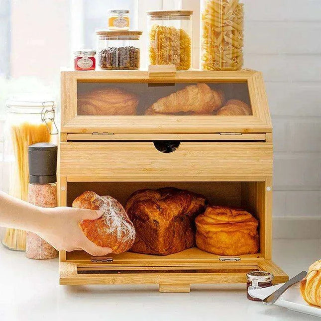 Elegant 3-Tier Bamboo Bread Storage Box with Clear Viewing Window - Chic Organizer for Fresh Baked Goods