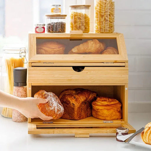 Bamboo Bread Box, 3-Layer Snack Storage Box, with Drawer and Acrylic Clear Window, Multi-function Kitchen Organizing Box