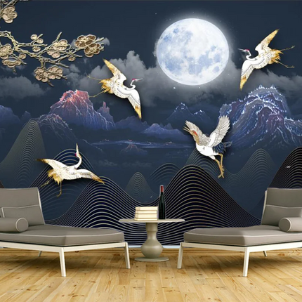 Plum Blossom & Crane Mural Wallpaper — Custom Size, 5 Finishes, Asian Art Style