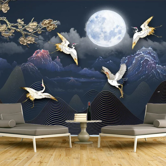 Plum Blossom & Crane Mural Wallpaper — Custom Size, 5 Finishes, Asian Art Style