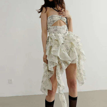 Trendy Women's Strapless Mini Dress with Ruffled Details and Asymmetrical Hem