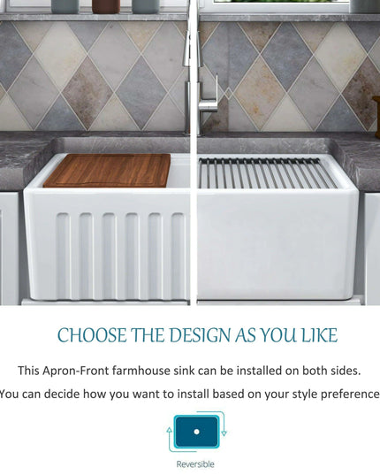 Chic Farmhouse Kitchen Sink Ensemble with Essential Accessories - Includes Cutting Board, Grid & Strainer