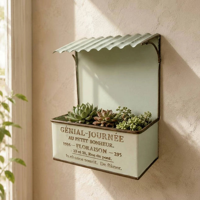 House-Shaped Metal Planter Box — French-Design Text Roof, Vintage Distressed Finish