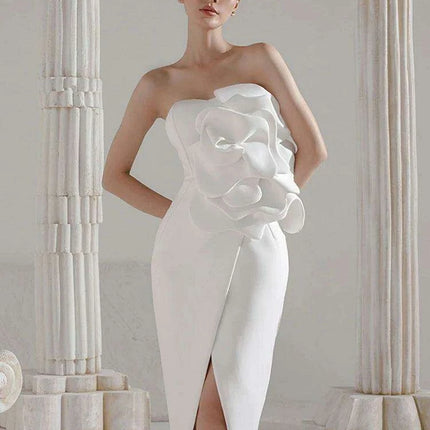 Strapless Evening Gown with 3D Floral Embellishments and Side Slit - Solid Color Zipper Style