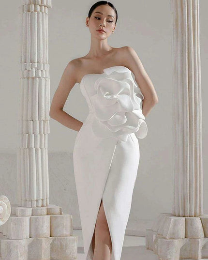 Strapless Evening Gown with 3D Floral Embellishments and Side Slit - Solid Color Zipper Style