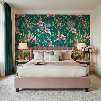Peacock Feather & Floral Birds Wallpaper — Southeast Asian Mural, 53cm × 9.2m | Très Élite