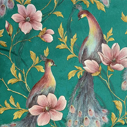 Peacock Feather & Floral Birds Wallpaper — Southeast Asian Mural, 53cm × 9.2m | Très Élite