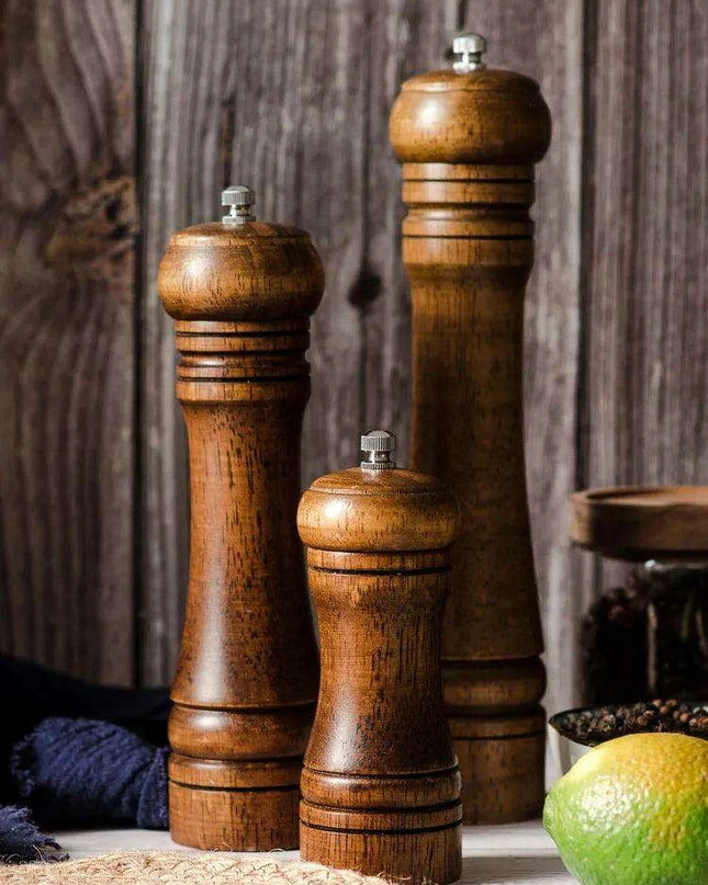 Stylish Wooden Salt and Pepper Grinder Set with Adjustable Ceramic Mechanisms and Elegant Stand