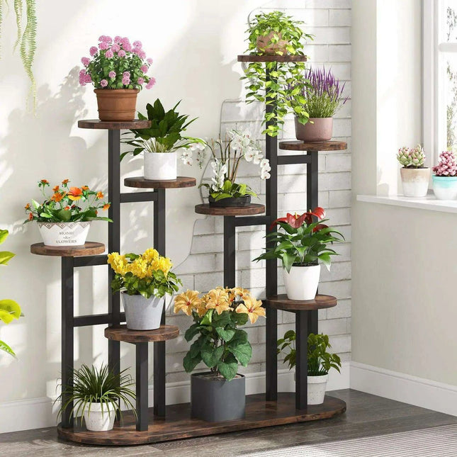 11-Pot Wooden Plant Stand Shelf - Vertical Space Maximizing Flower Organizer