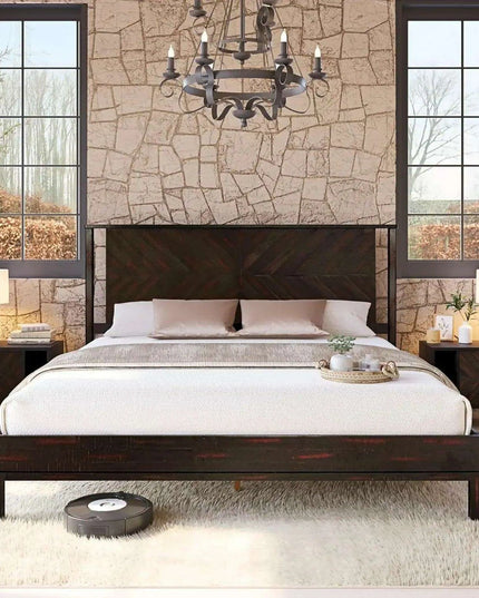 Rustic Golden Brown Acacia Wood Queen Bed Frame with Herringbone Headboard