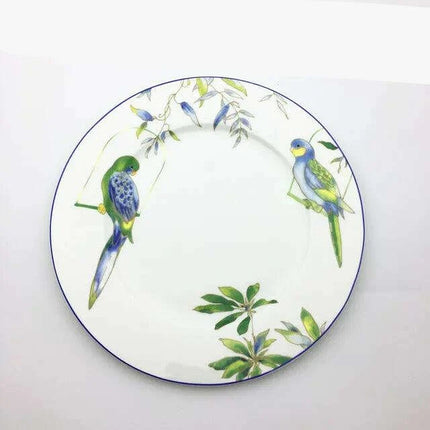 Colorful Parrot-Themed Porcelain Dining Collection: Bowl, Cup, Saucer, and Serving Tray