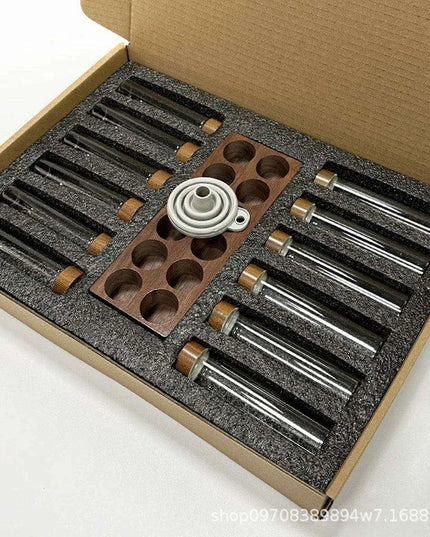 Stylish Walnut Base Coffee Bean Display Organizer with Elegant Glass Tubes