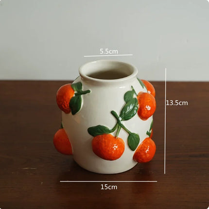 Hand Drawn Lemon Relief Ceramic Vase, Lemon Girl Desktop Flower Vase,