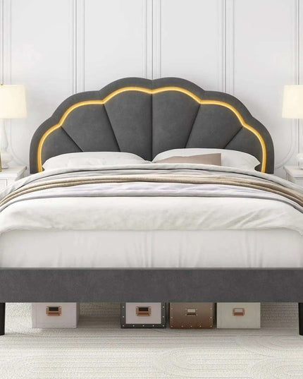 Elegant Velvet LED Flower Headboard Bed Frame - Full Size with Customizable Lighting Features