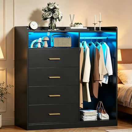 4-Drawer Dresser with Clothes Rack, LED Light, Power Outlet, Shelf, Bedroom Storage, 15.7"D x 43.3"W x 45.7"H, Customized 4-drawer-dresser-with-clothes-rack-led-light-power-outlet-shelf-bedroom-storage-15-7d-x-43-3w-x-45-7h-customized