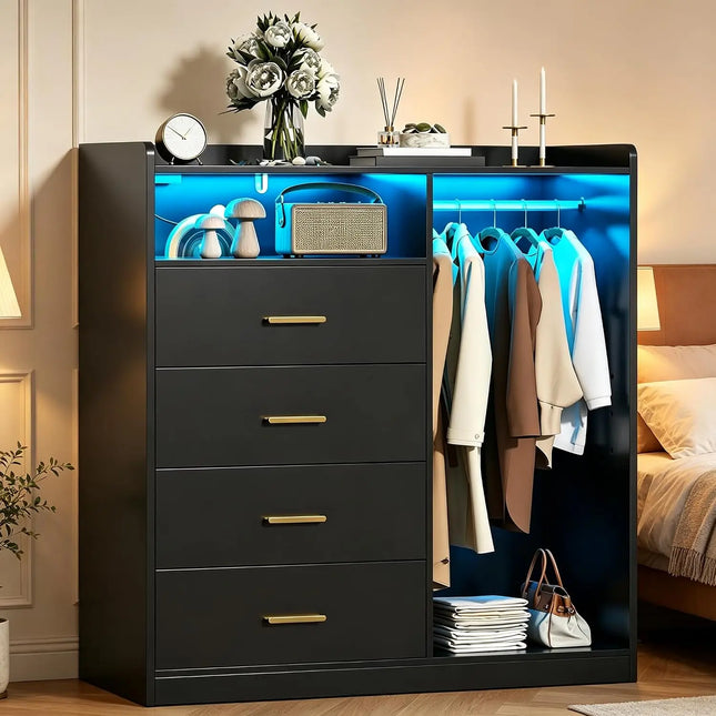 Shop1105178379 4-Drawer Dresser with LED Light & Power Outlet, 43.3"W