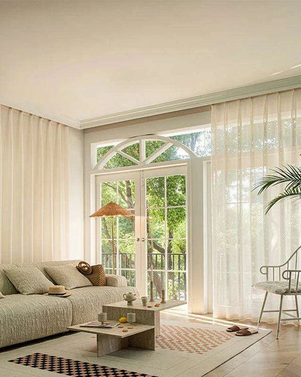 Beige Bohemian Cotton Linen Window Treatments with Grey Tulle