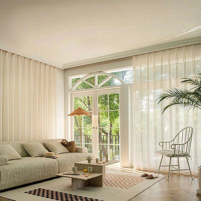 Beige Bohemian Cotton Linen Window Treatments with Grey Tulle