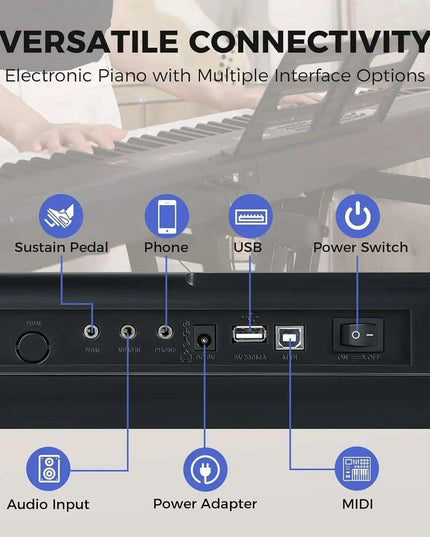 Fesley 88-Key Full-Size Portable Digital Piano with Music Stand, Power Adapter, and Sustain Pedal