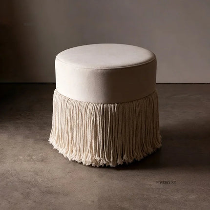 Velvet Ottoman Footstool — Upholstered Fringe Bench & Shoe Stool