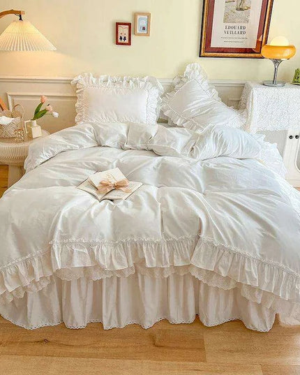 Chic White and Pink Ruffled Girls Duvet Cover Set - 100% Cotton