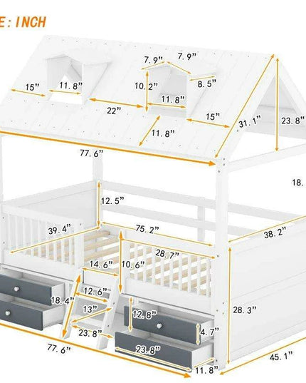 Enchanting Wooden Playhouse Bed with Skylights and Ample Storage