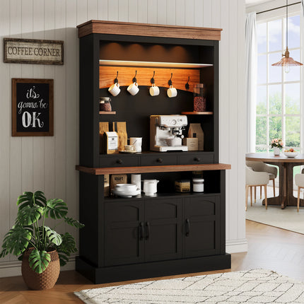Starmall Farmhouse Bar Cabinet 72" with LED Lights & Adjustable Shelve