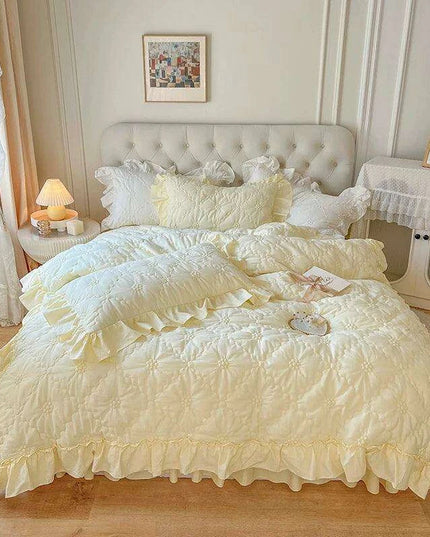 100% Cotton Ruffle Korean Princess Solid White Bedding Sets