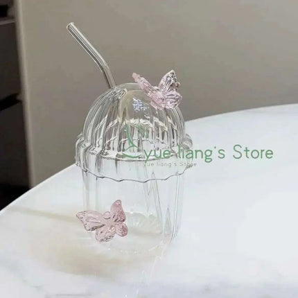 Elegant 3D Butterfly Round Glass Mug for Stylish Floral Drinks
