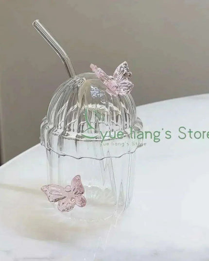 Elegant 3D Butterfly Round Glass Mug for Stylish Floral Drinks