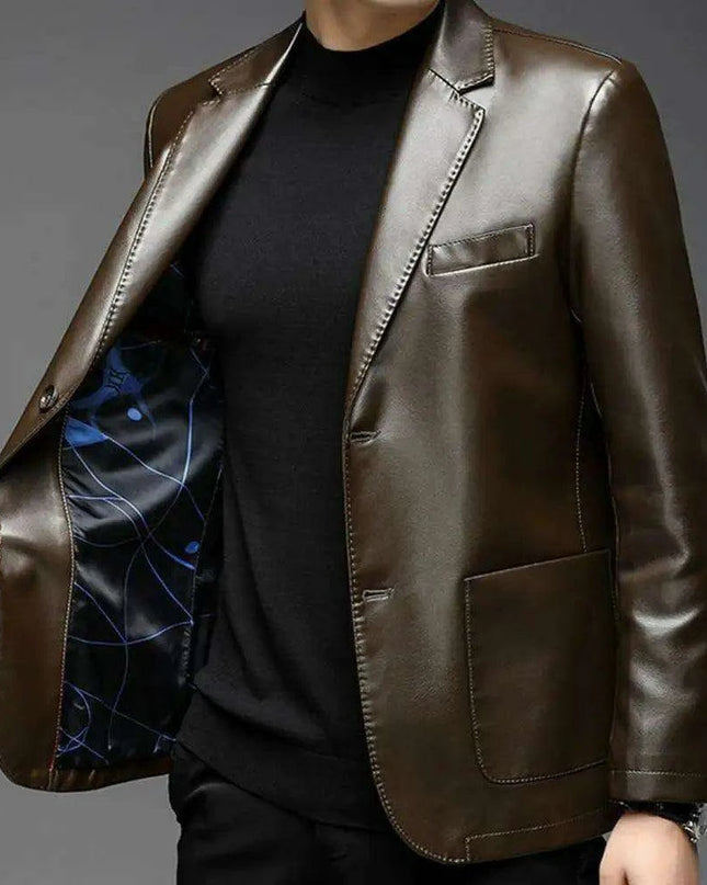 Men's Premium Faux Leather Lapel Jacket with Elegant Button Cuffs and Practical Pockets