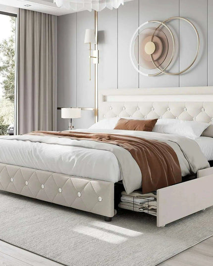 Luxurious LED Velvet Platform Bed with Versatile Storage and Elegant Tufted Finish - Transform Your Bedroom into a Stylish Retreat