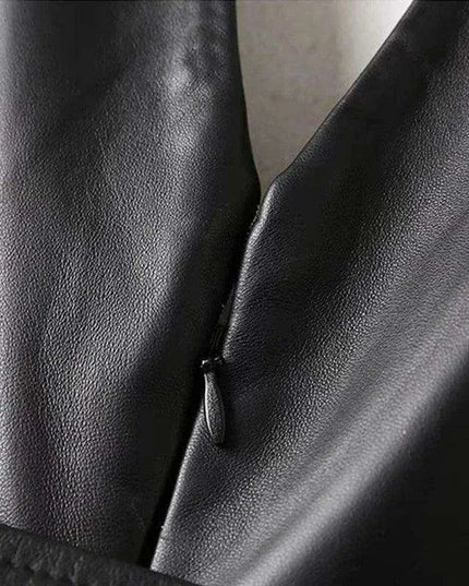 Sleek Black Faux Leather V Neck Sleeveless Midi Dress with Pockets - Customizable