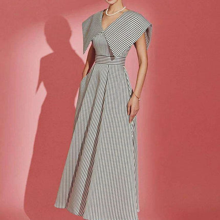Striped High-Waisted Evening Dress with Oversized Collar for Women – 2024 Summer Collection 35Z657