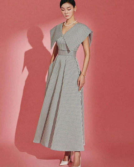 Striped High-Waisted Evening Dress with Oversized Collar for Women – 2024 Summer Collection 35Z657