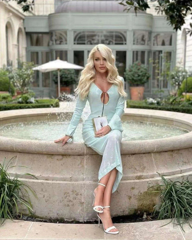 Sparkling Mint Green Long Sleeve Maxi Dress - Elegant Evening Gown for Women