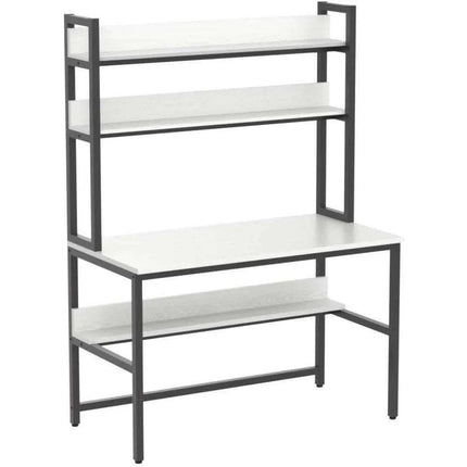 Modern White Office Desk with Hutch and 3-Tier Bookshelf for Stylish Workspace Efficiency
