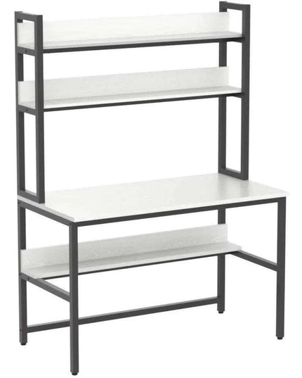 Modern White Office Desk with Hutch and 3-Tier Bookshelf for Stylish Workspace Efficiency