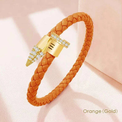 Chic Customizable Leather Nail Bracelet with Dazzling Zirconia - Stylish Women's Accessory