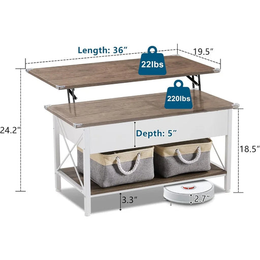 36" Lift Top Coffee Table with Hidden Storage Compartment - Dark Walnut & Cloth Bins