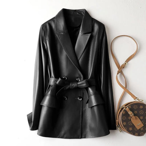 Sophisticated Women's Genuine Leather Jacket - Waist-Enhancing, Elegant MIDI Cut