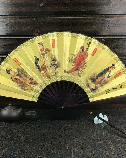 Vintage Silk Folding Fan with Bamboo Handle - Stunning Handheld Accessory for Celebrations and Home Sophistication