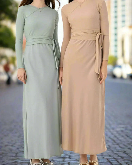 Autumn Women's Long Sleeve Dress Ensemble with Bow-Tie Top and Milk Silk Knit Suspenders