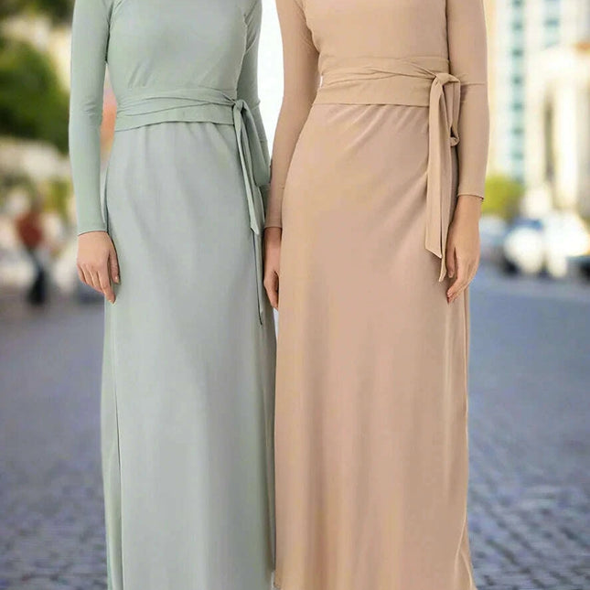 Autumn Women's Long Sleeve Dress Ensemble with Bow-Tie Top and Milk Silk Knit Suspenders