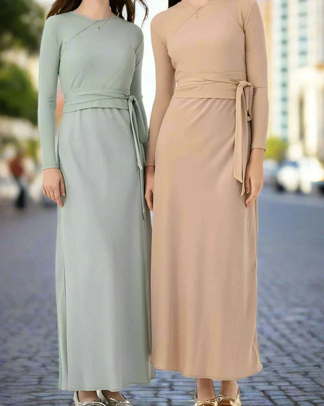 Autumn Women's Long Sleeve Dress Ensemble with Bow-Tie Top and Milk Silk Knit Suspenders