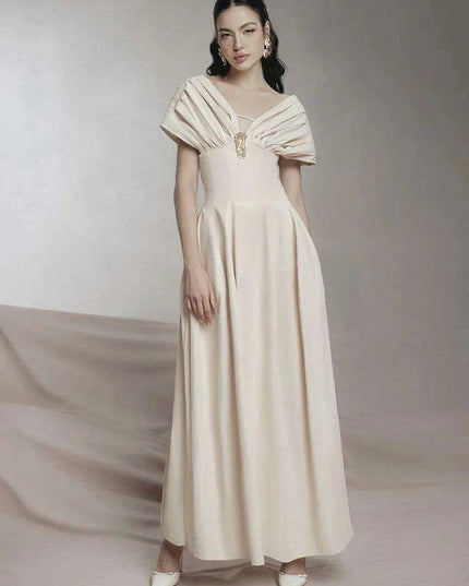 Puff Sleeve V-neck Pleated Swing Dress - Sophisticated Evening Party Attire