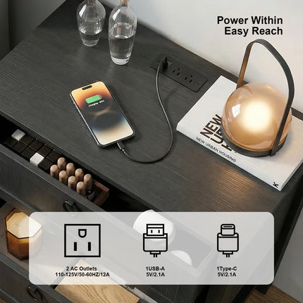 CHYANMOO Nightstand with USB Ports & AC Outlets - 2-Drawer Wooden Tabl