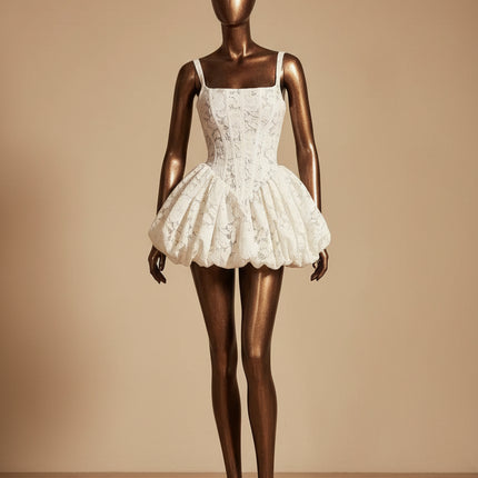 Oine Lace Square-Neck Bubble Mini Wedding Dress with Floral Embroidery — Custom Fit
